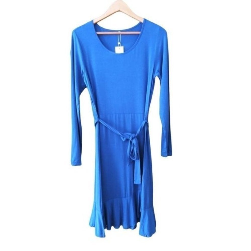 Women's Blue Long Sleeve‎ Tie Waist Ruffle Hem Casual Midi Dress
